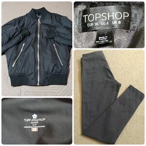 Top Shop Black Bomber Jacket Size 4 with Tuff Black Athletic Pants Small, Bundle
